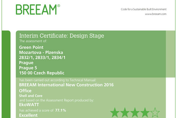 <p>The Green Point building was recently awarded the preliminary certification BREEAM EXCELLENT. What stands behind the abbreviation? BREEAM (Building Research Establishment Environmental Assessment Method) is an array of processes related to construction design that focuses on sustainability. Amidst the assessing criteria are e.g. building specification, design, construction, energy and water usage, quality of living environment, materials and produced waste. Achieving the second highest BREEAM rating is a big success for the whole Green Point project team and serves as a proof that the newly arisen building belongs to the most environmentally balanced in the wide center of Prague.</p>
